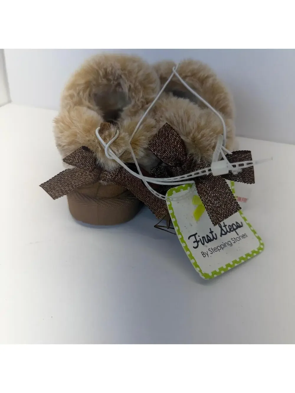 First‎ Steps By Stepping Stones Girls Size 6 Brown Faux Fur Bow Slippers NEW